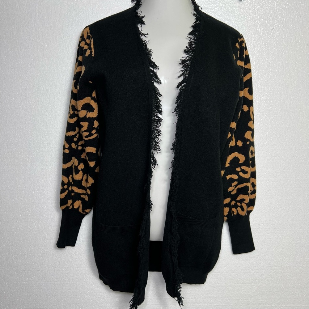THML Black Cardigan with Brown Leopard Print Sleeves